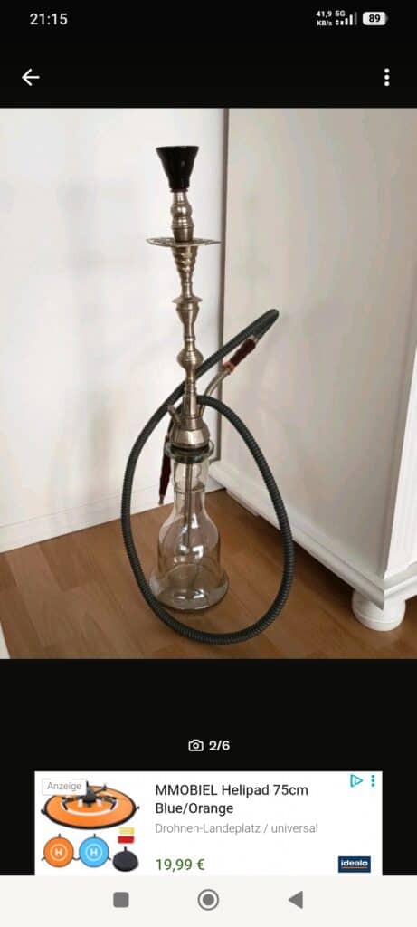 Shisha mit Edelstahl-Schlauch und Glasbowl, 75cm hoch.