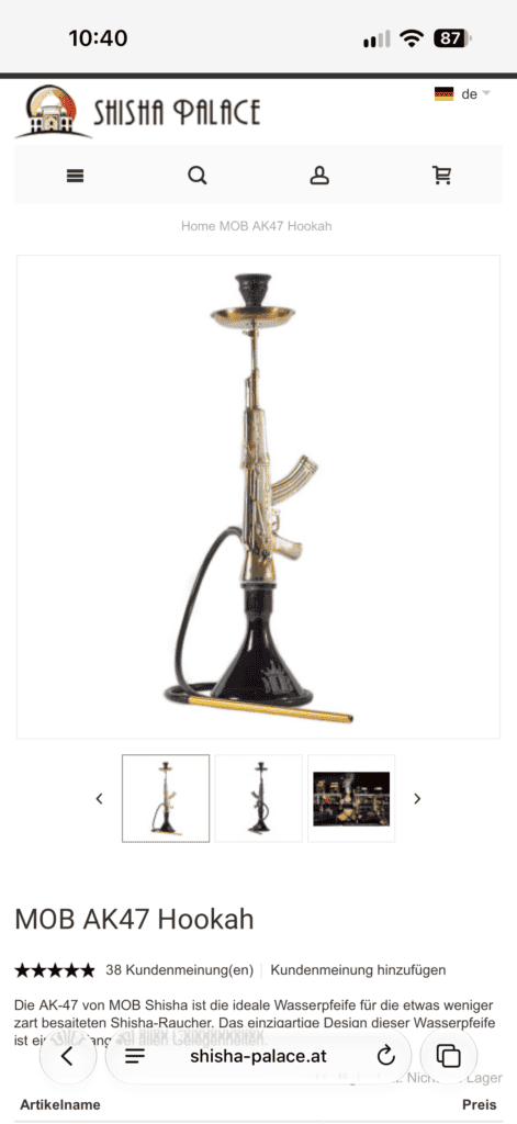 MOB AK47 Hookah mit schwarzer Basis und Glasbowl, Zubehör inklusive Schlauch.