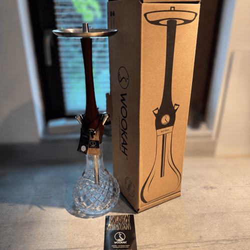 Wookah Shisha-Glasbowl mit Verpackung und Zubehör.