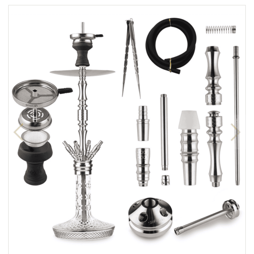 Edelstahl Shisha mit umfangreichem Zubehör, ideal für Genuss und Partys.