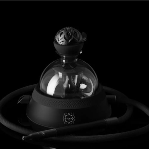 Hochwertiger Shisha-Kopf mit Glasballon und flexiblem Schlauch, ideal für Wasserpfeifenliebhaber.