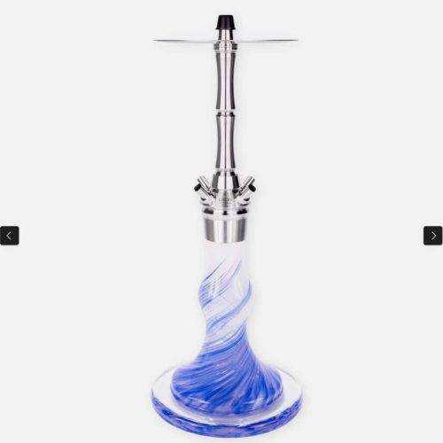 Elegante Shisha mit blauer Glasbasis und Edelstahl-Topf.