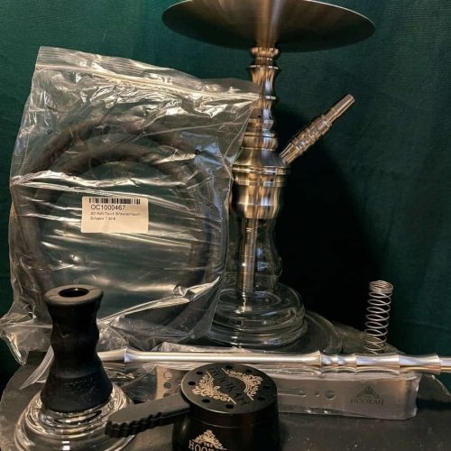 Shisha mit Metallrohr, Glasbowl und Zubehör, neu und unbenutzt.