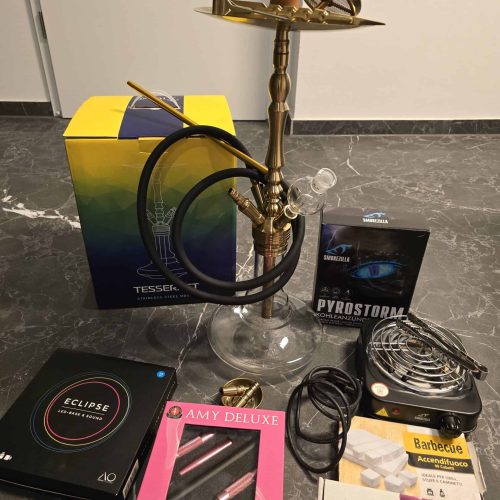 Hochwertiges Shisha-Set mit Glas, Schlauch und Zubehör, ideal für Genuss und Entspannung.