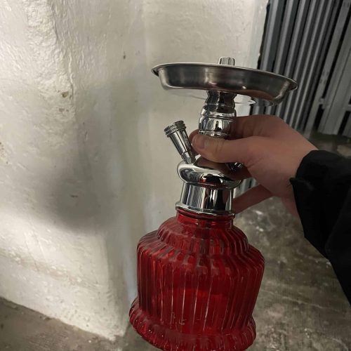 Altglas-Feuerkorb für Shisha, handgehalten, rotes Glas, Metallaufsatz.