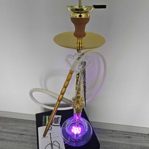 Hochwertige Shisha mit Glasbowl, LED-Licht und Edelstahl-Elementen.