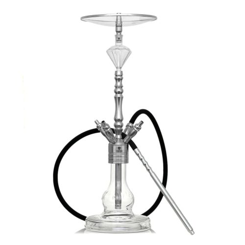 Transparente Glasbowl und Metallstange für Shisha mit Schlauch.