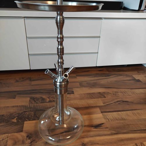 Rauchersäule für Shisha mit Metallplatte und Glasbasis, ideal für Wasserpfeifen.