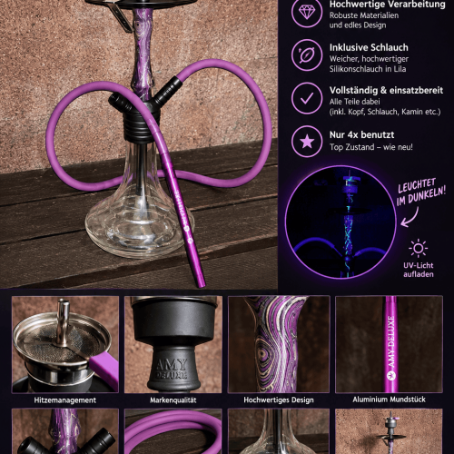 Amy Deluxe Shisha mit Glasbowl, LED-Licht, flexible Silikonschlauch, Zubehör.