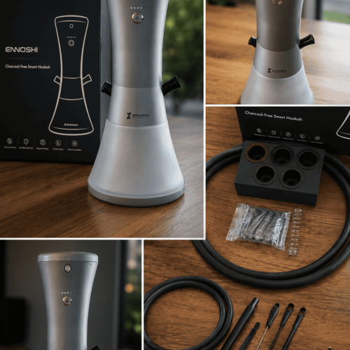 Enoski Smart Hookah mit Zubehör, inklusive Glasbowl und Schlauch.