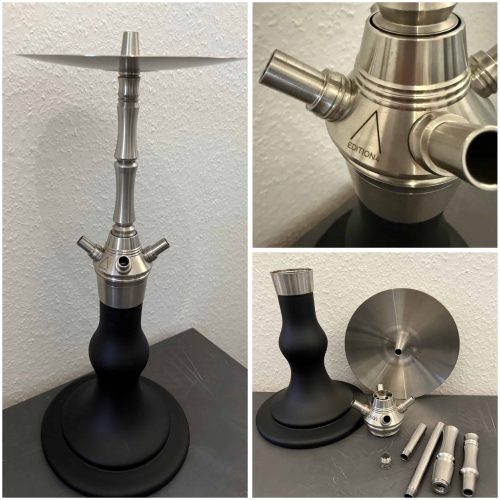 Hochwertige Edelstahl-Shisha mit schwarzem Glas-Base, inklusive Ersatzteile und Zubehör.