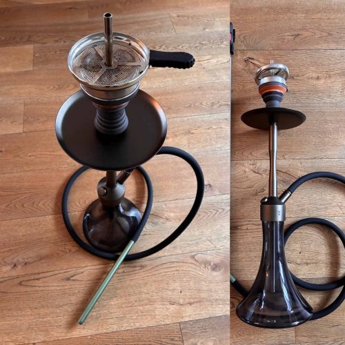 Wasserpfeife mit Glasbowl, Metallrohr und Schlauch, ideal für Shisha-Liebhaber.