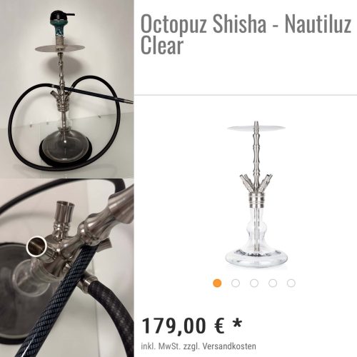 Klarer Nautiluz Shisha mit Edelstahl-Design, gut gepflegt.