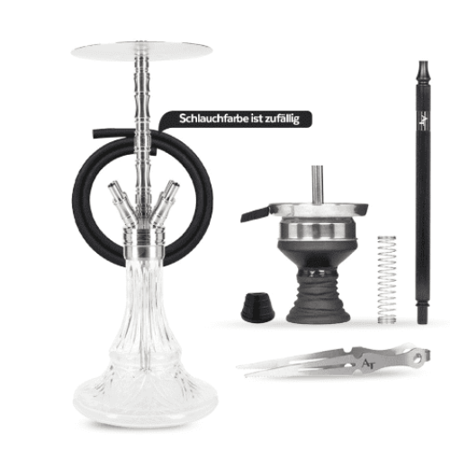 Komplettes Shisha-Zubehörset mit Glas, Schlauch, Tabakkopf und Werkzeug.