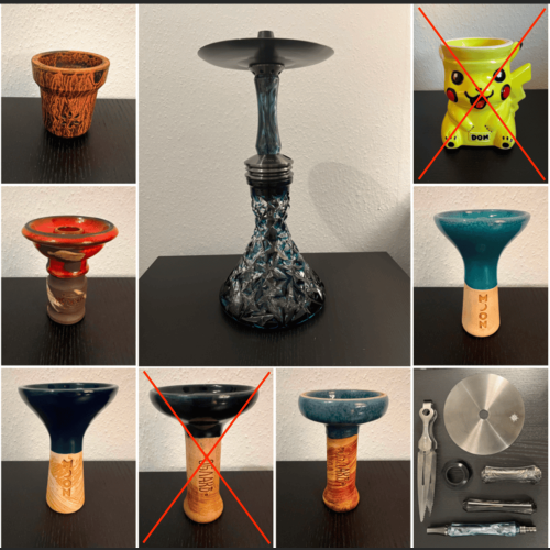 Verschiedene Shisha-Tabakschalen und Zubehör, einige markiert mit rotem Kreuz.