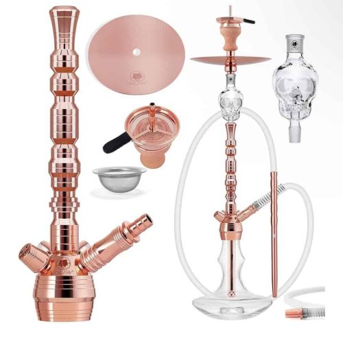 Elegantes Roségold Shisha-Set mit Glasaufsatz, Schlauch und Zubehör für Genuss.
