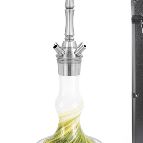 Moderne Shisha mit silbernem Kopf und buntem Glasboden, ideal für Genuss und Entspannung.