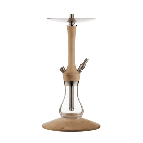 Wasserpfeife mit Holzdesign, Glasbowl und Metallteilen, ideal für Shisha-Liebhaber.