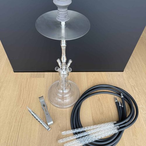 Komplettes Shisha Set mit Glasbowl, Schlauch und Zubehör.