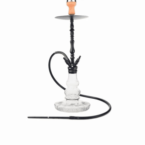 Schöne Shisha mit Glasbasis und schwarzem Schlauch, ideal für gemütliche Abende.