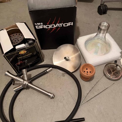 Mini E-Raptor E-Shisha mit Glasbowl, Schlauch und Zubehör.