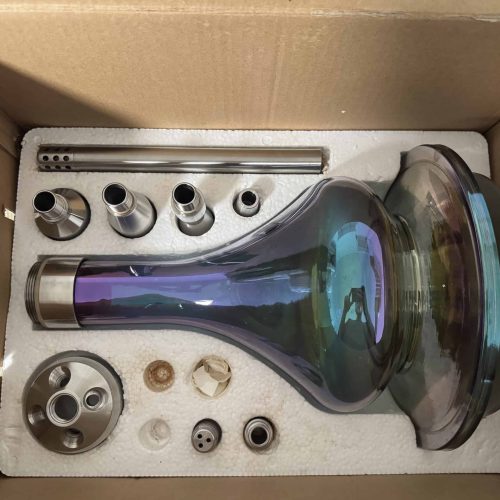 Große, bunte Glasbowl für Shisha mit Zubehör im Karton.