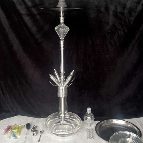 Rauch-Hookah mit Glasbasis, Dichtungen und Zubehör für Shisha-Genuss.
