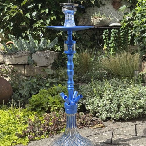 Blaue Shisha mit Glasbowl auf Gartenweg, umgeben von Pflanzen.
