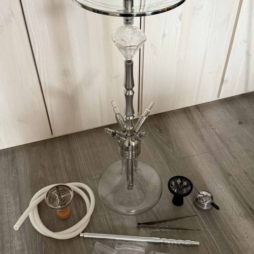 Rauch-Hookah mit Glasplatte, Schlauch und Zubehör, gebraucht.