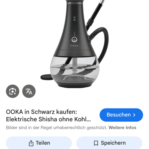 Ooka elektrische Shisha in Schwarz mit Glasbehälter und Zubehör.
