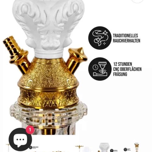 Elegante weiße Dschinni Legend Tradi Shisha mit goldenen Akzenten.