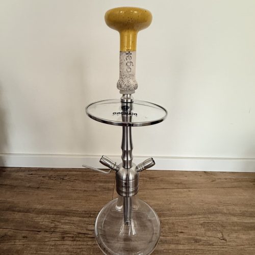 Rauchsäule mit Holzgriff, geeignet für Shisha, aus Glas und Metall gefertigt.
