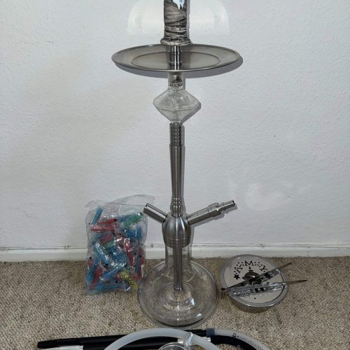 Rauch-Hookah mit Glasaufsatz, Schlauch und Zubehör, gebraucht.