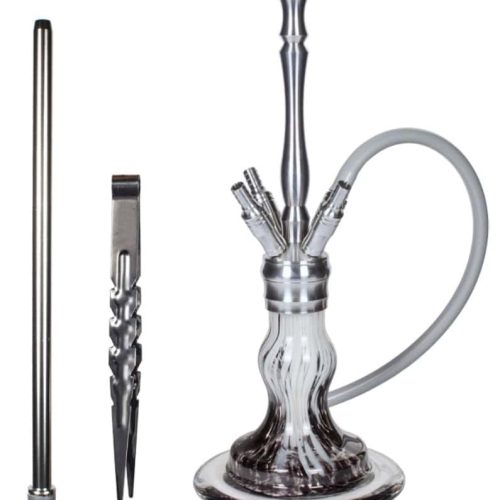 Rauch-Hookah mit Metall- und Glasbestandteilen, inklusive Stab und Zange.