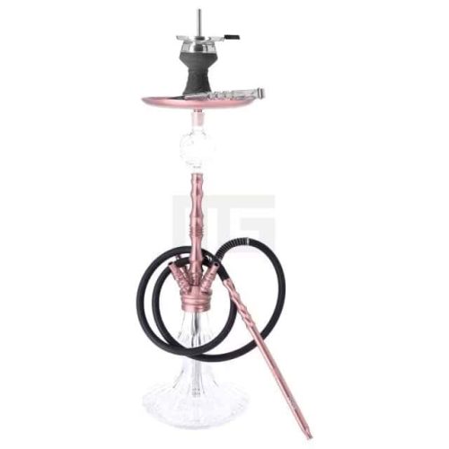 Moderner Wasserpfeifen-Setup mit rosa Details und Glasbasis.
