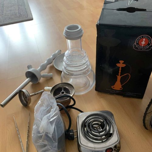 Zubehör für Shisha, inklusive Glas, Heizstab und Dichtungen.