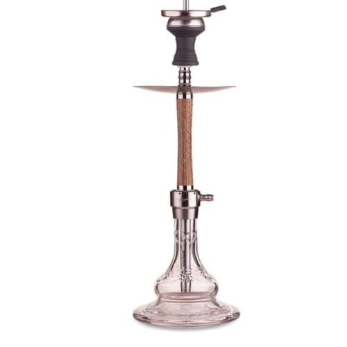 Moderne Shisha mit Glasbasis und Edelstahl-Elementen.