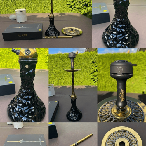 Schwarze Shishabowl mit geometrischem Design und Golddetails.