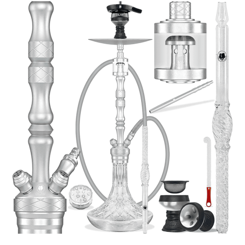 Hochwertiges Shisha Set mit Aluminium, Edelstahl und Glas, inklusive Zubehör und Ersatzteilen.