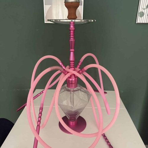 Rosa Wasserpfeife mit Glasball und flexiblen Schläuchen, ideal für Shisha-Liebhaber.