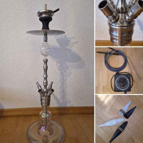 Verschiedene Shisha Teile, inklusive Glasbowl, Schlauch und Dichtungen.
