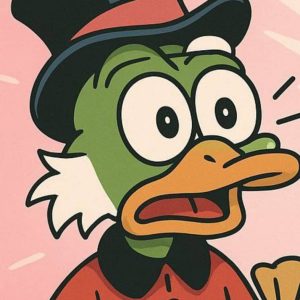 Cartoon von Donald Duck mit Zylinder und rotem Hemd.
