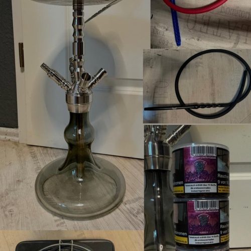 Shisha mit Zubehör, inklusive Heizplatte und Tabak.