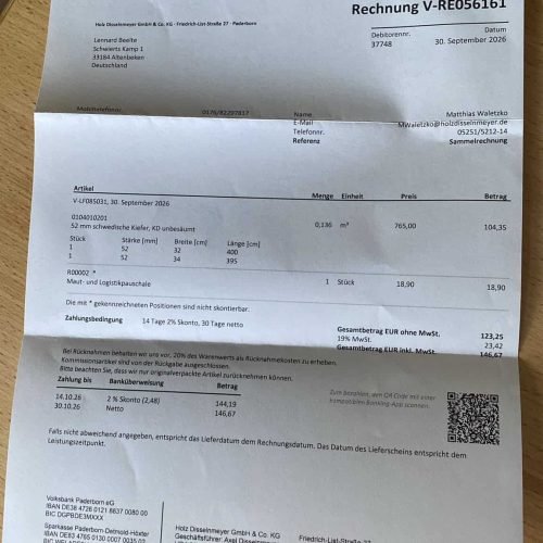 Rechnung auf Holz Dissenmeyer mit Datum und Details.