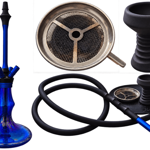 Verschiedene Shisha Teile inklusive Glasbowl, Schlauch und Kopf.