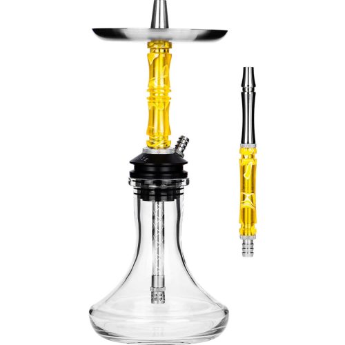 Moderne Shisha mit Glasbasis, Metallaufsatz und Zubehör.