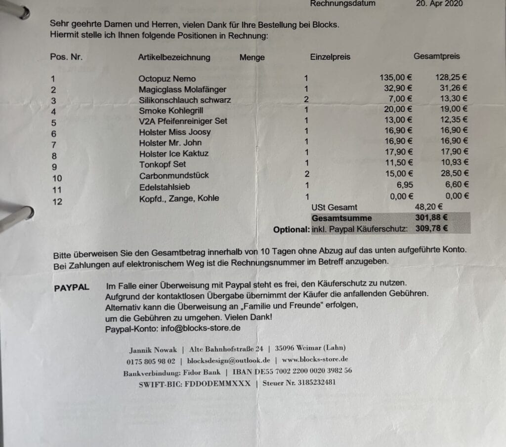 Rechnung mit Artikelnummern und Preisen für Shisha-Zubehör.