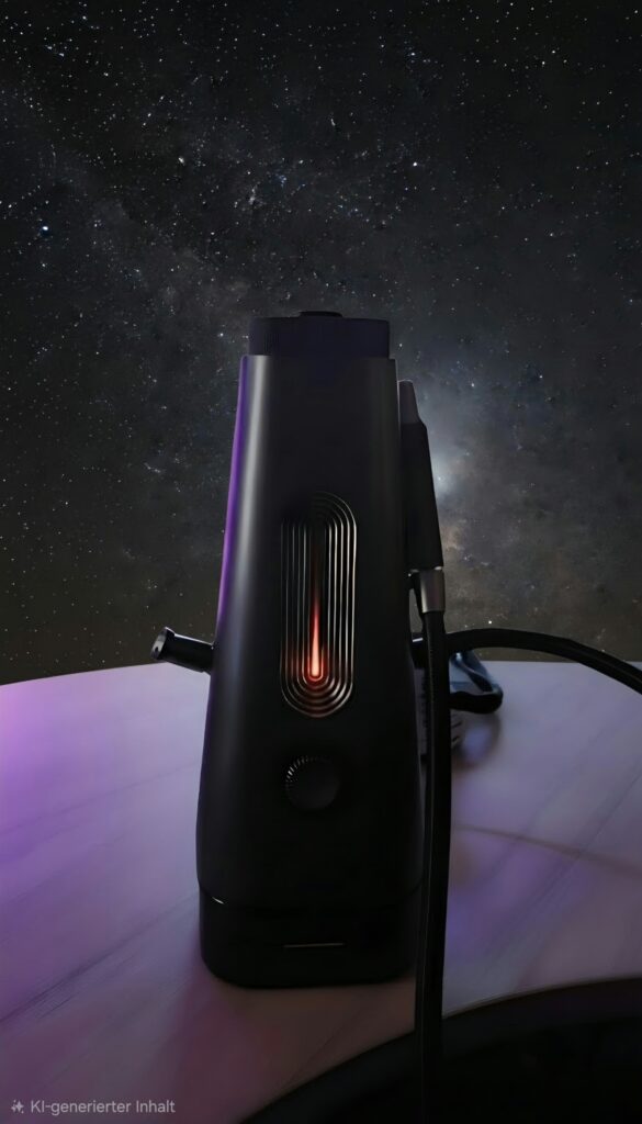 Elektrische Shisha mit LED-Beleuchtung und Schlauch auf dunklem Hintergrund.
